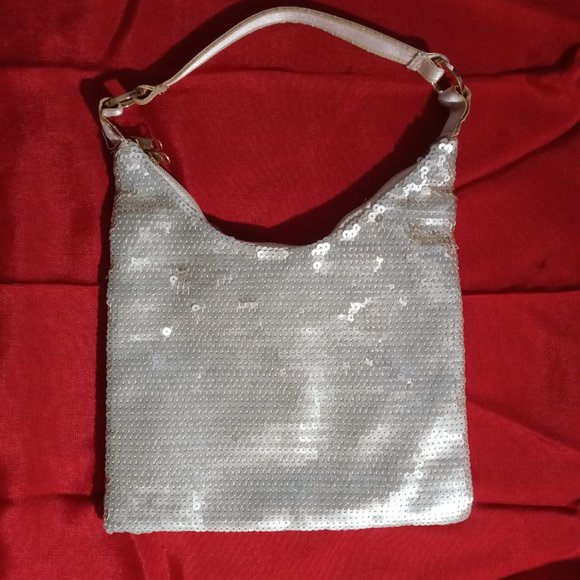 Pre-loved 10"x11" 'METALLIC' GOLD SEQUINS HANDBAG w MOTHER OF PEARL embellishmen - Picture 2 of 11